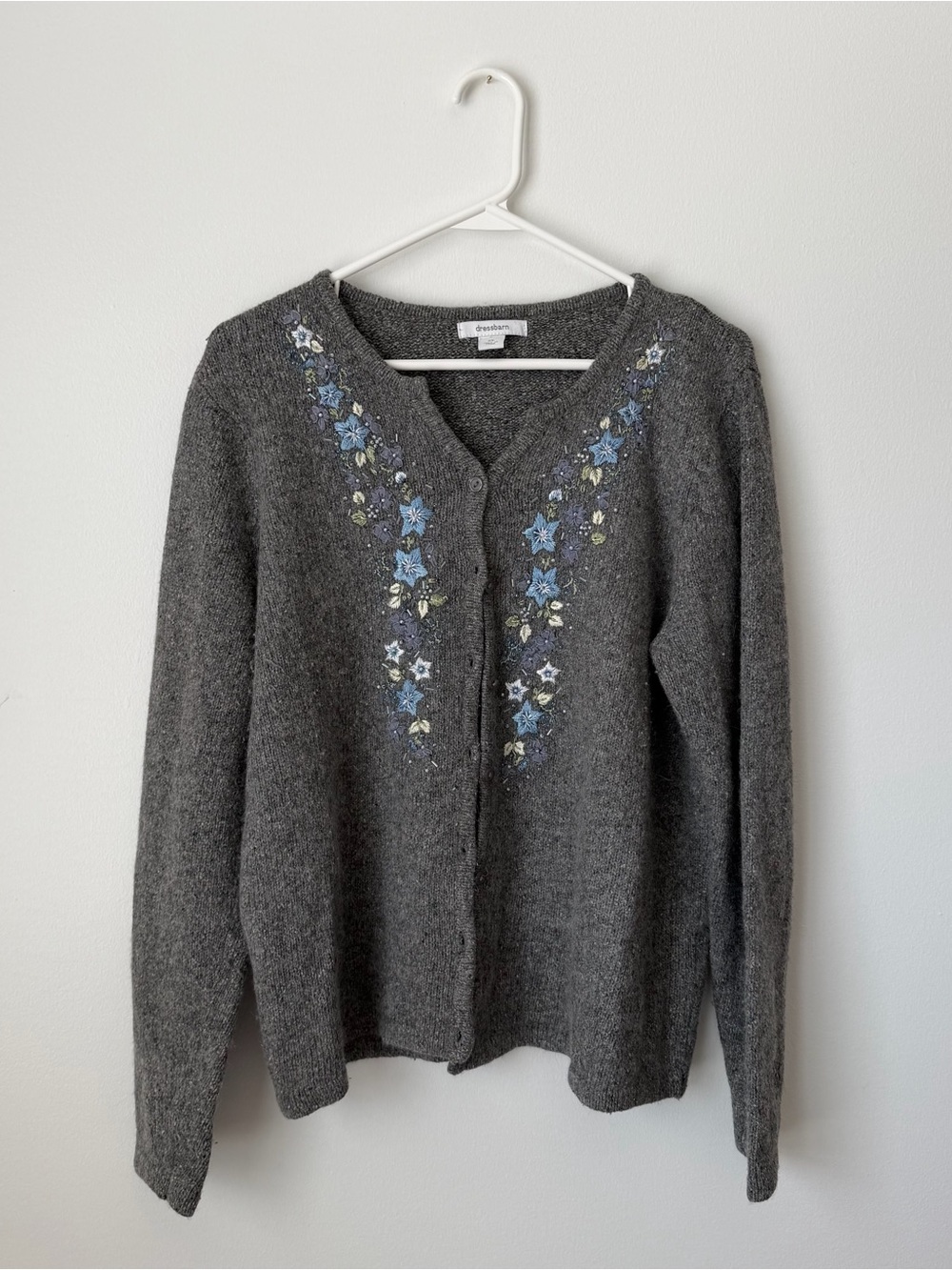 dressbarn gray embroidered beaded floral cardigan